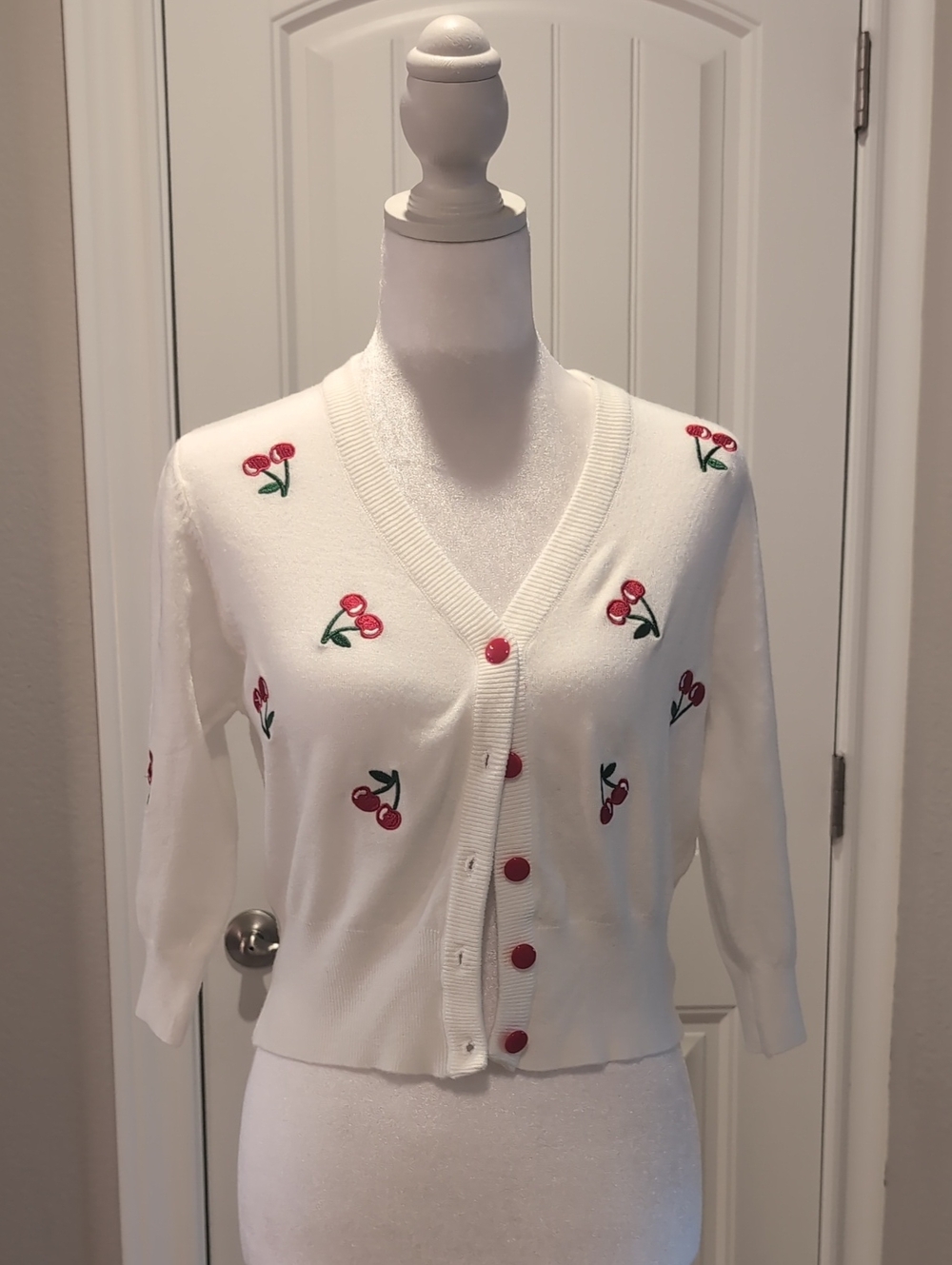 White Cherry Embroidered V‑Neck Cardigan